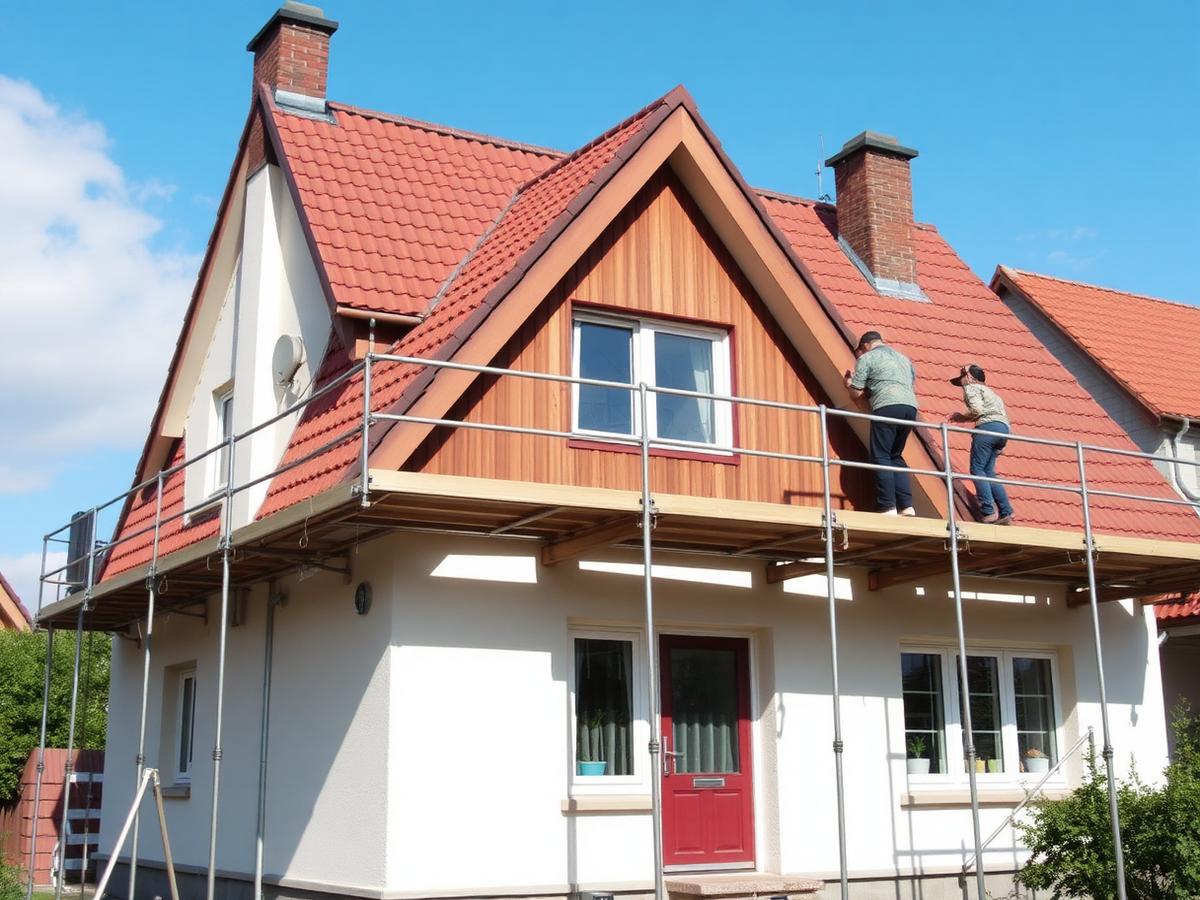Lešení kolem rodinného domu při opravě střechy a fasády
